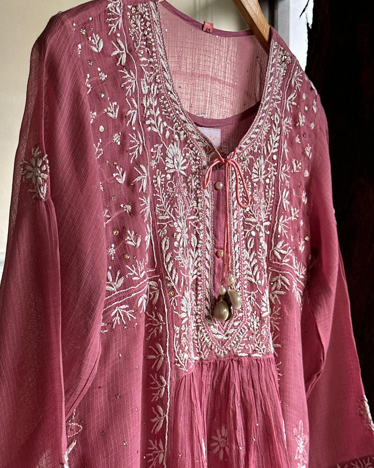 Onion Pink Kota Chikankari with Mukaish Kamdani Tunics