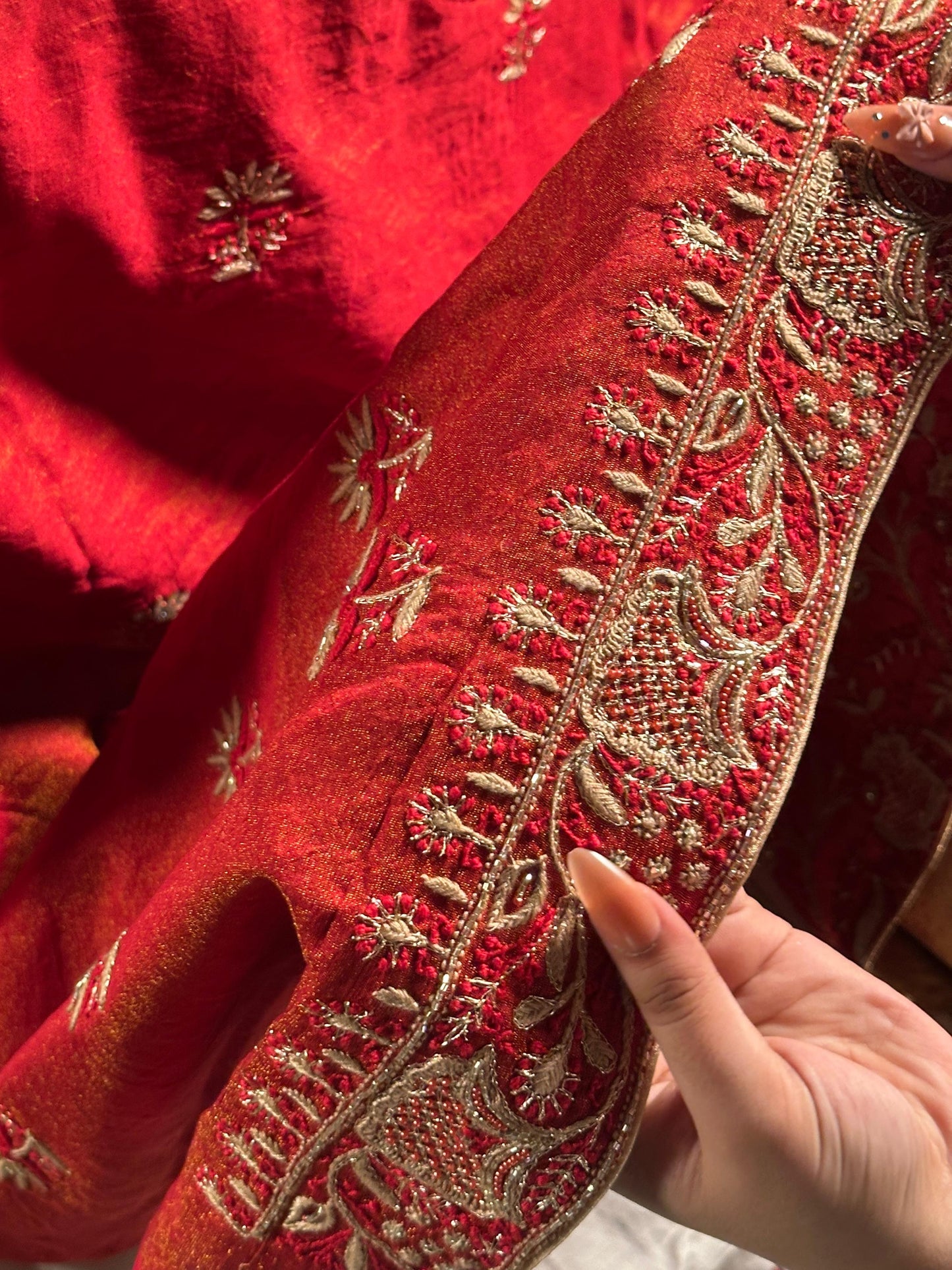 Red Tissue Silk Chikankari Unstitched Fabric
