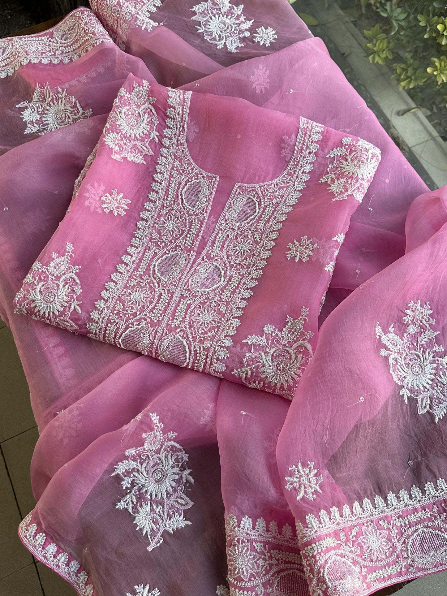Pink Shade Noor Organza Silk Chikankari Unstitched Kurta Dupatta Set