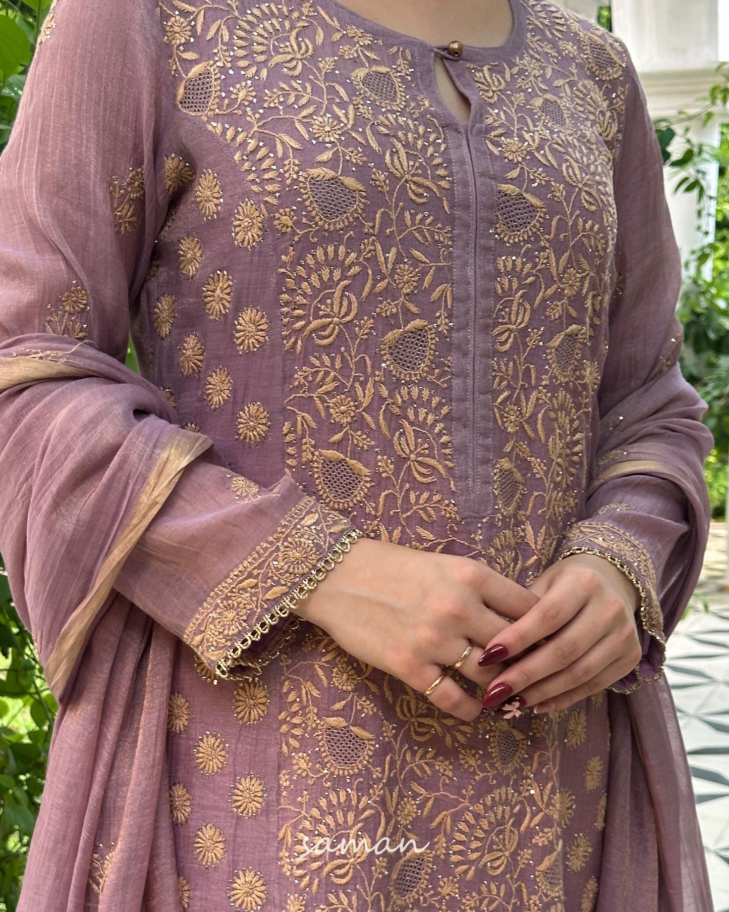 Dusty Lilac Tissue Silk Chikankari Kurta Set