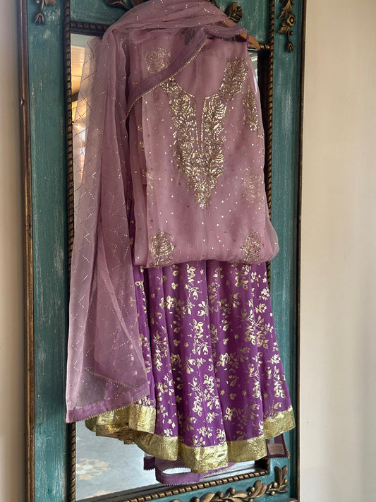 Lilac Purple Shade Foil Print Organza Chikankari Sharara Set