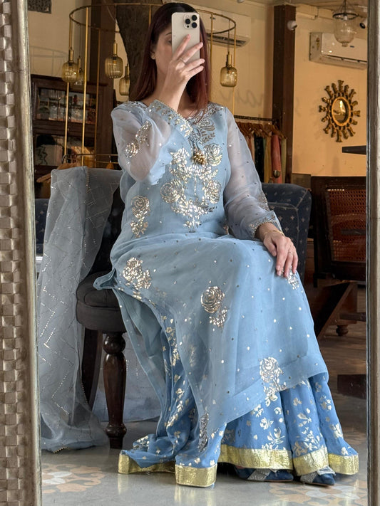 Powder Blue Foil Print Organza Chikankari Ready to Wear Sharara Set