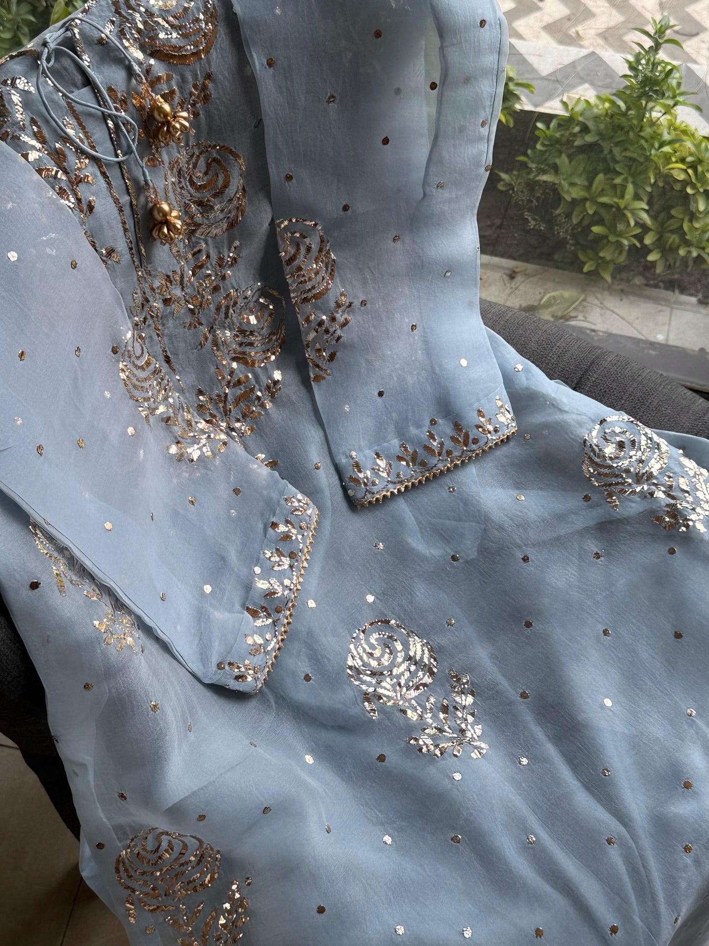 Powder Blue Foil Print Organza Chikankari Ready to Wear Sharara Set