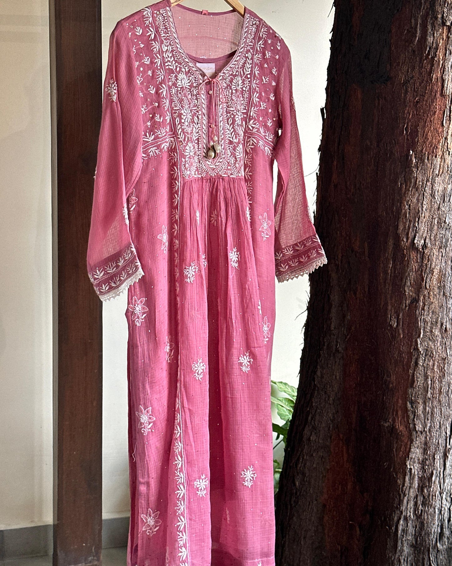 Onion Pink Kota Chikankari with Mukaish Kamdani Tunics