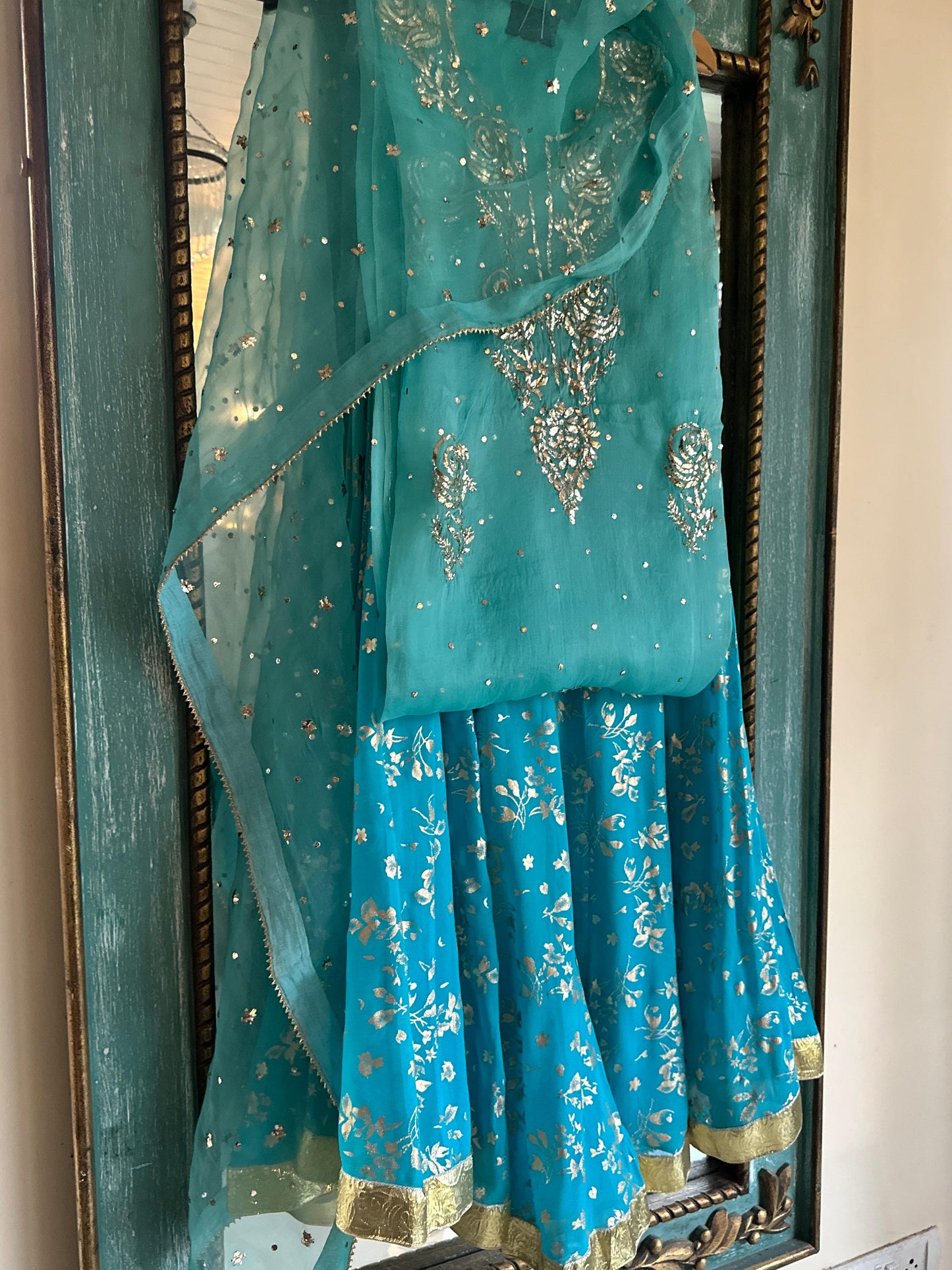 Aqua Blue Foil Print Organza Chikankari Sharara Set