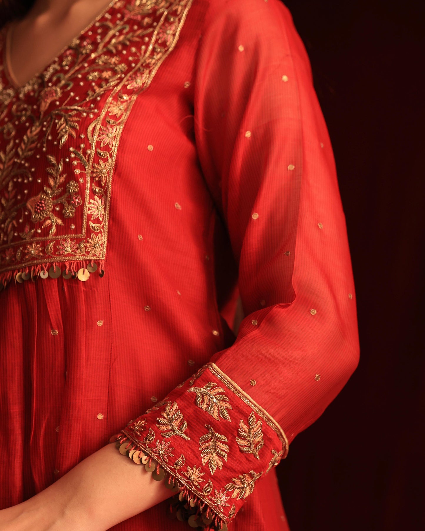 Red Maheshwari Silk Awadhi Zardosi Kurta Set
