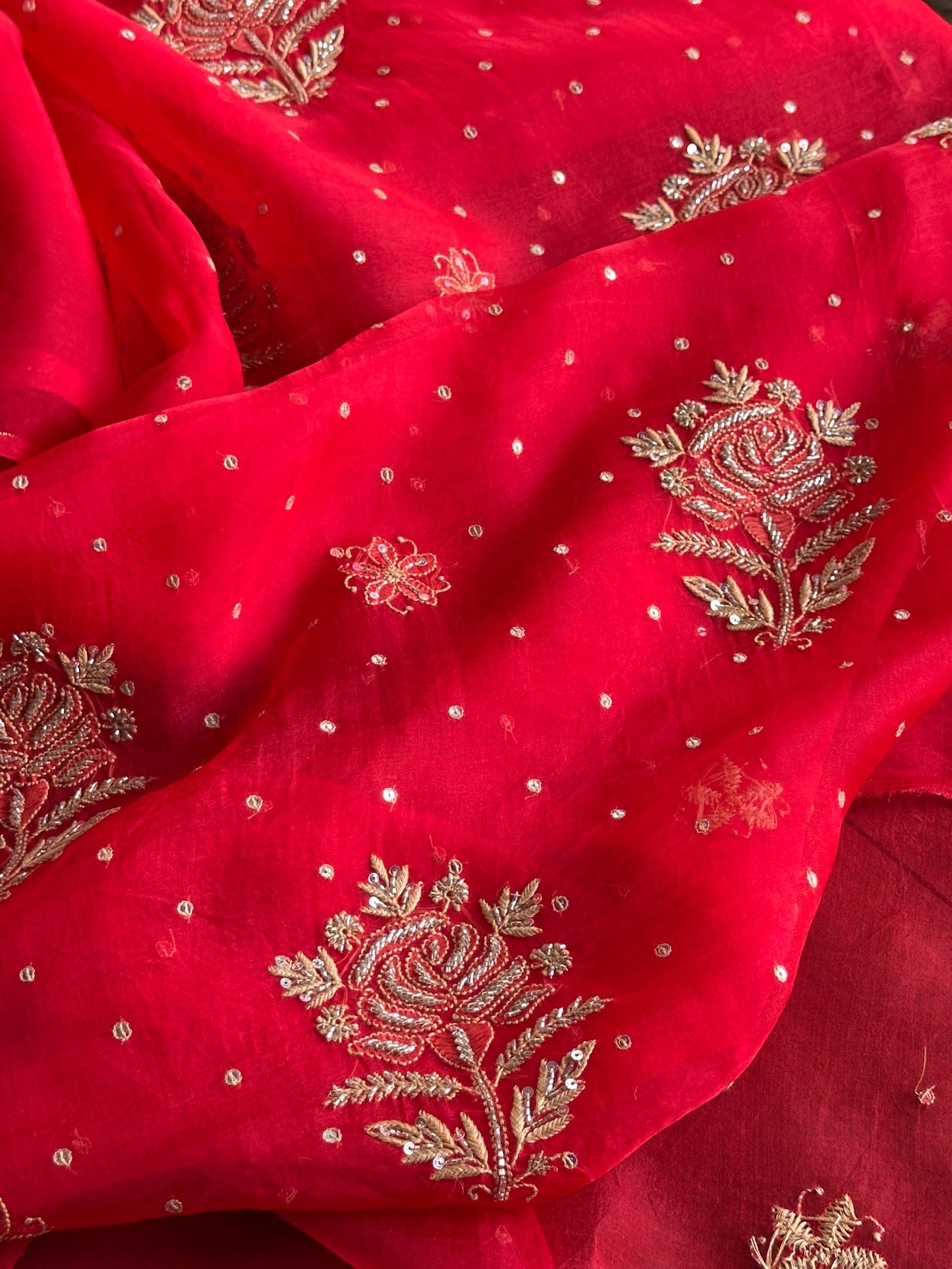Red Noor Organza Silk Chikankari Unstitched Kurta Dupatta Set