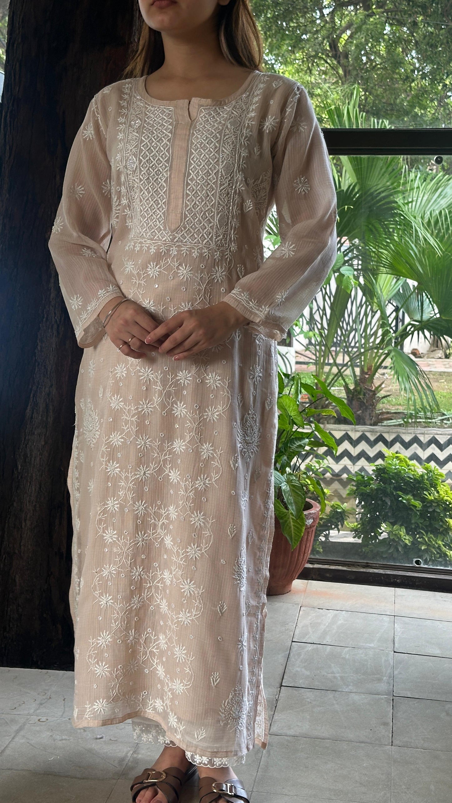 Beige Sequinned Chikankari Kota Kurta