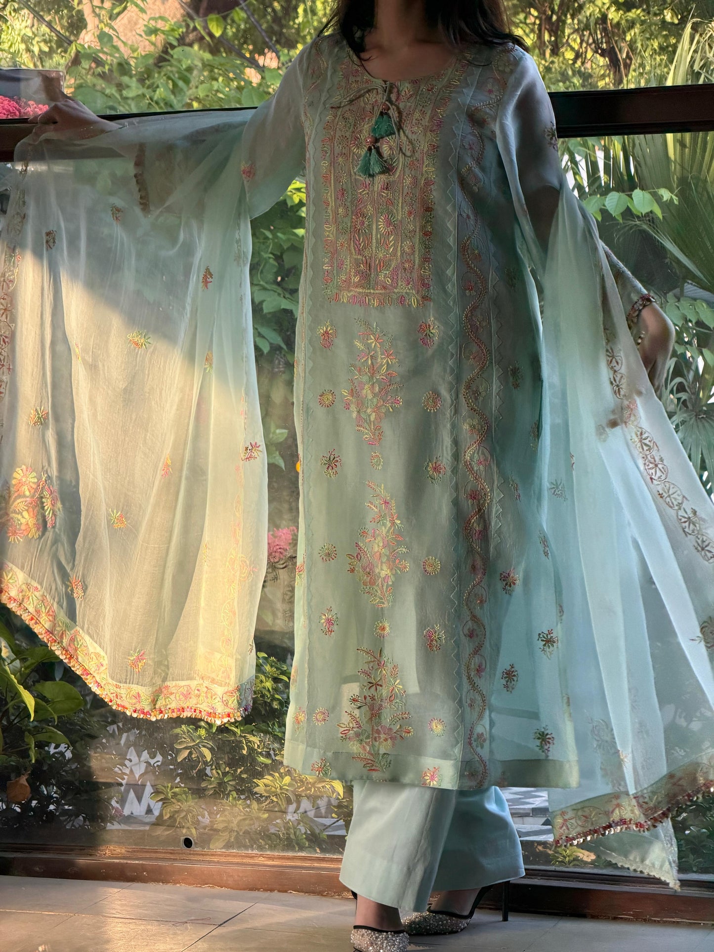 Mint Blue Multi Coloured Noor Organza Resham Chikankari Kurta Set