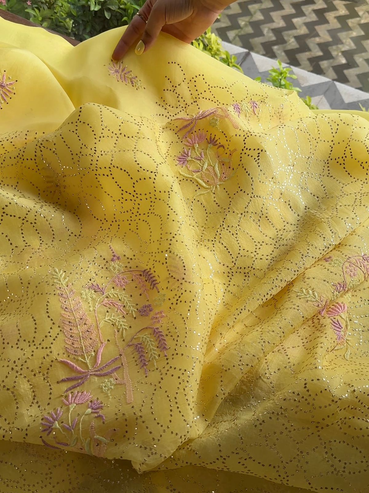 Pineapple Yellow | Noor Organza Silk Chikankari With Kamdani Fabric