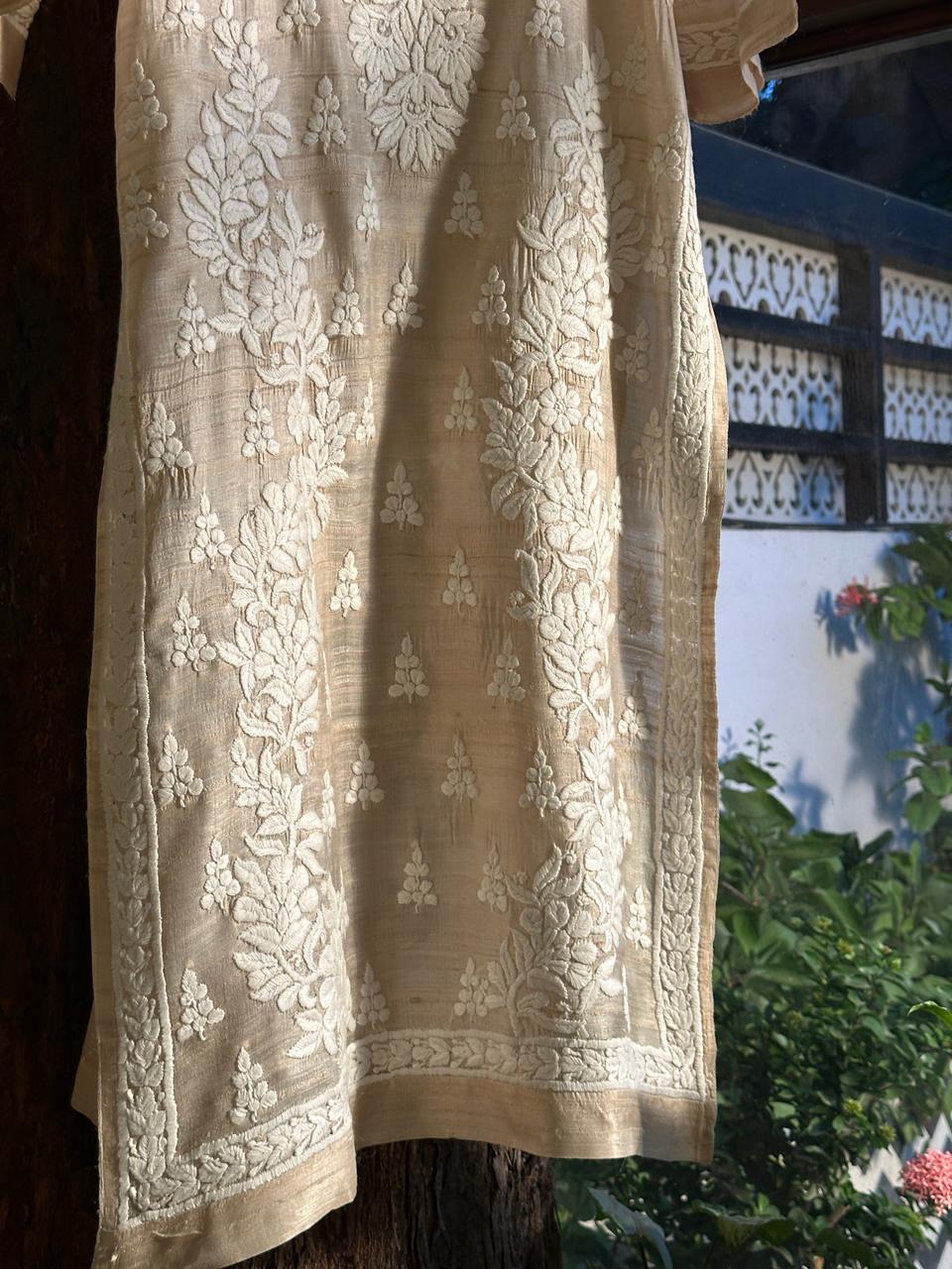 Natural Tussar Silk Chikankari Ready to Wear Straight Kurta