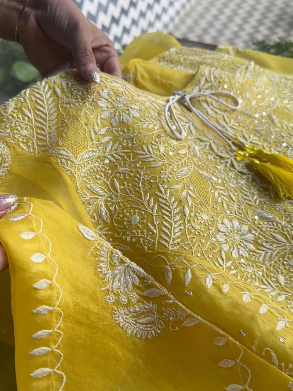 Yellow Noor Organza Silk Chikankari Straight Cut Kurta Dupatta Set