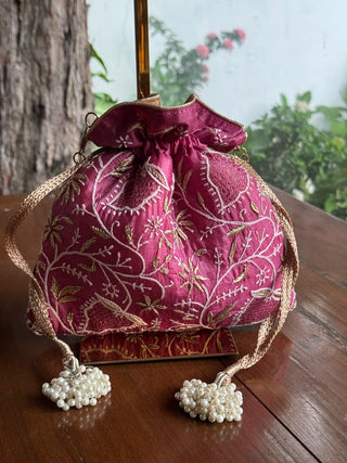 Plum Pink Silk Chikankari Ari & Kasab Work Potli Bag