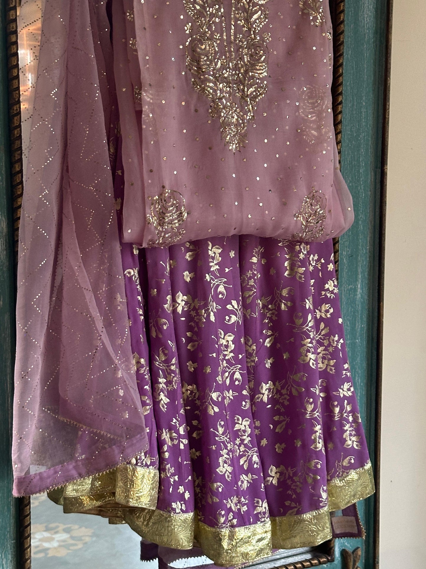 Lilac Purple Shade Foil Print Organza Chikankari Sharara Set