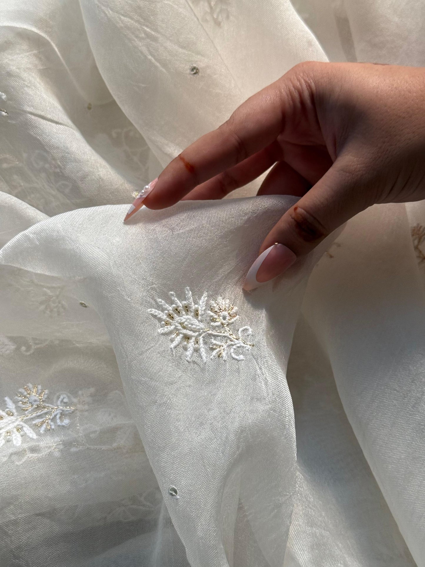 White Noor Organza Banarasi Silk Chikankari Unstitched Kurta Dupatta Set