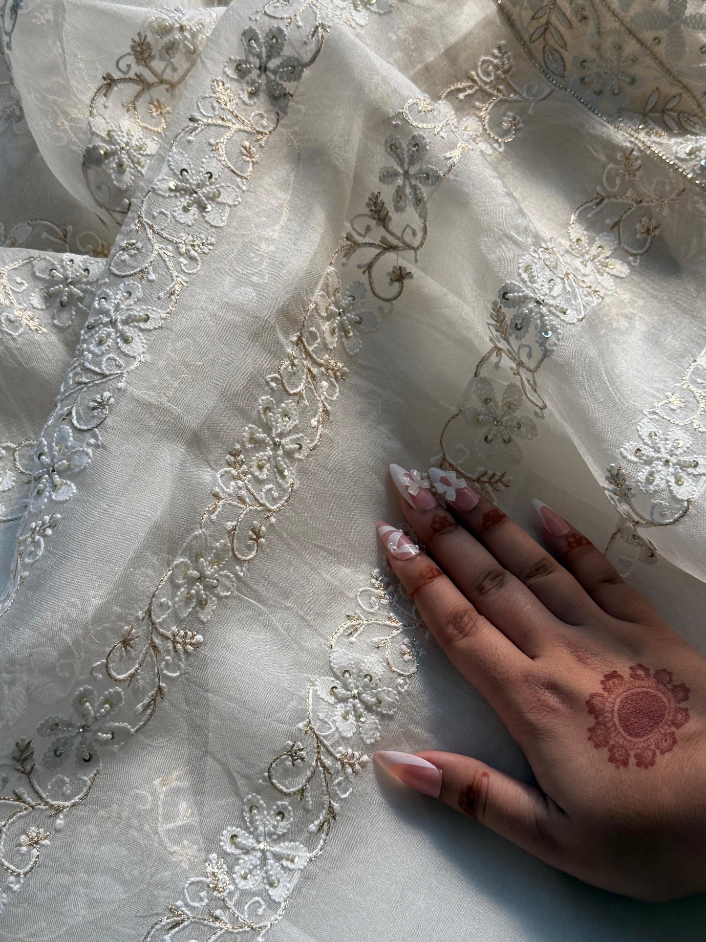 White Noor Organza Banarasi Silk Chikankari Unstitched Kurta Dupatta Set