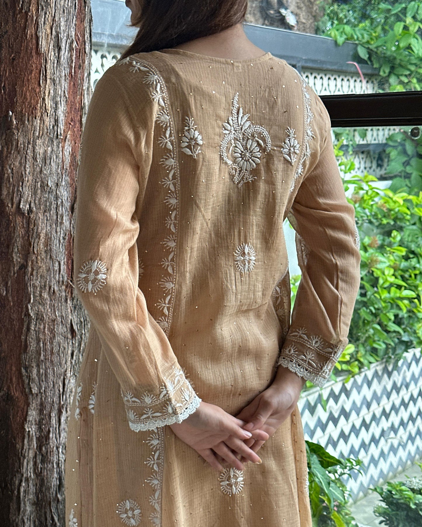 Beige Kota Chikankari with Mukaish Kamdani Tunics