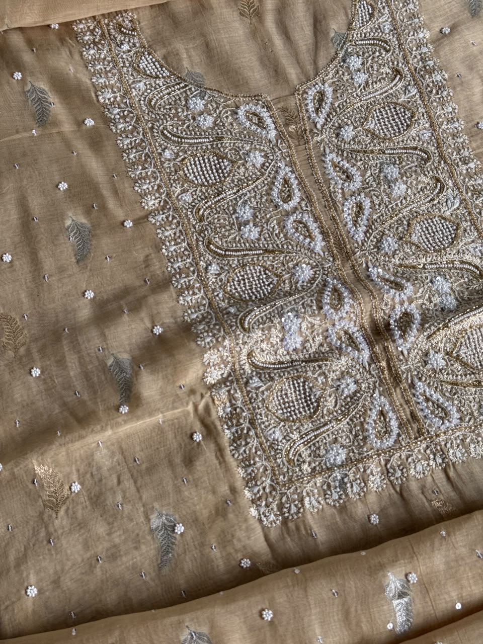 Beige Shade Banarasi Zari Chanderi Unstitched Chikankari Fabric