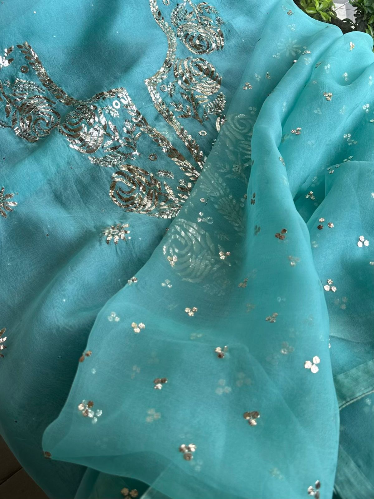 Aqua Mint Noor Organza Silk Mukaish Badla Unstitched Kurta Dupatta Set