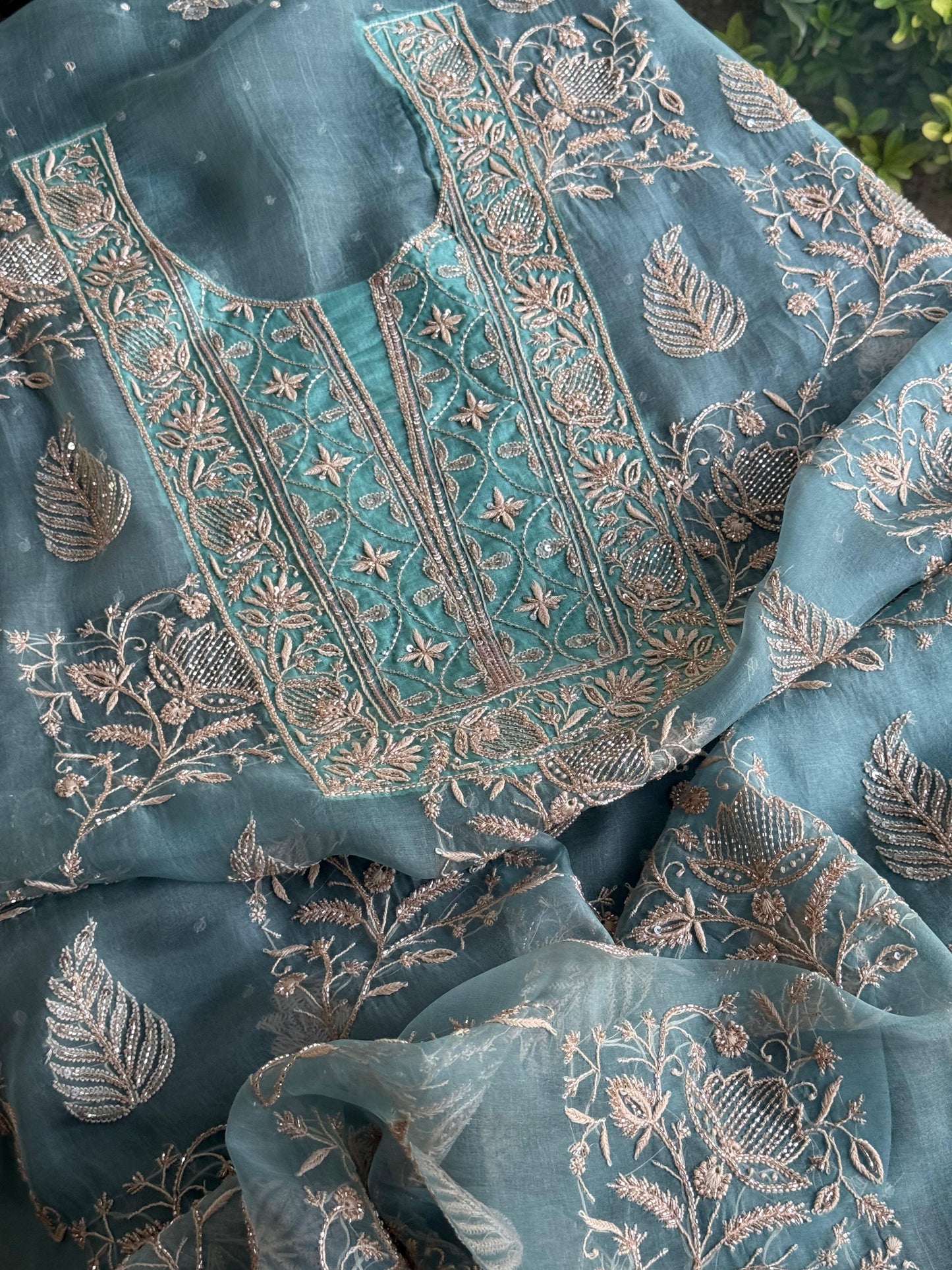 Pastel Shade Noor Organza Silk Chikankari Unstitched Kurta Dupatta Set