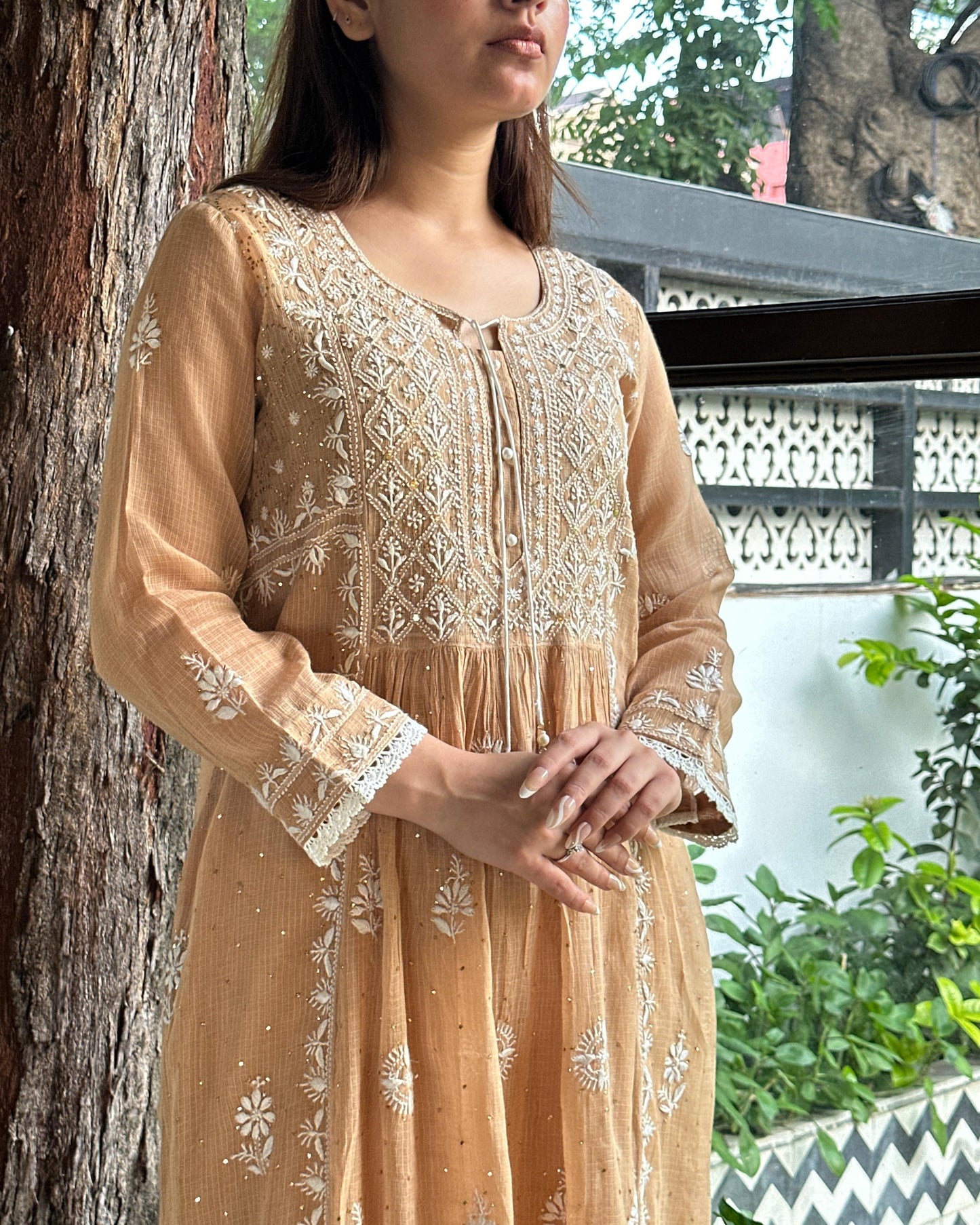 Beige Kota Chikankari with Mukaish Kamdani Tunics