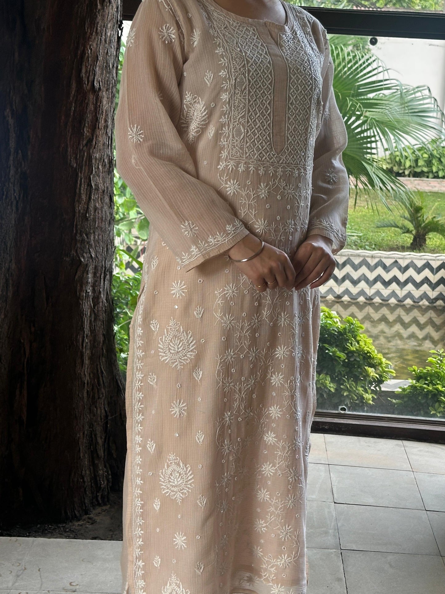 Beige Sequinned Chikankari Kota Kurta
