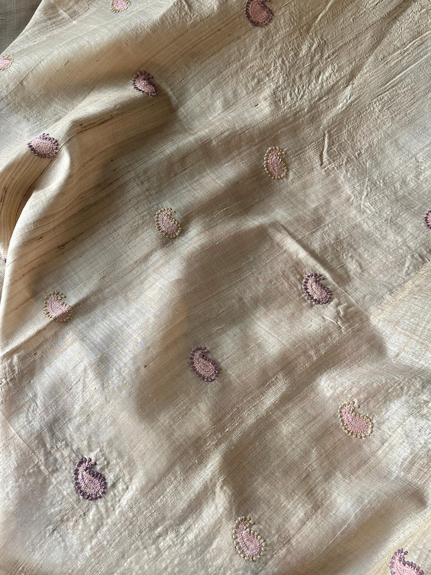 Natural Shade Tussar Silk Chikankari Fabric