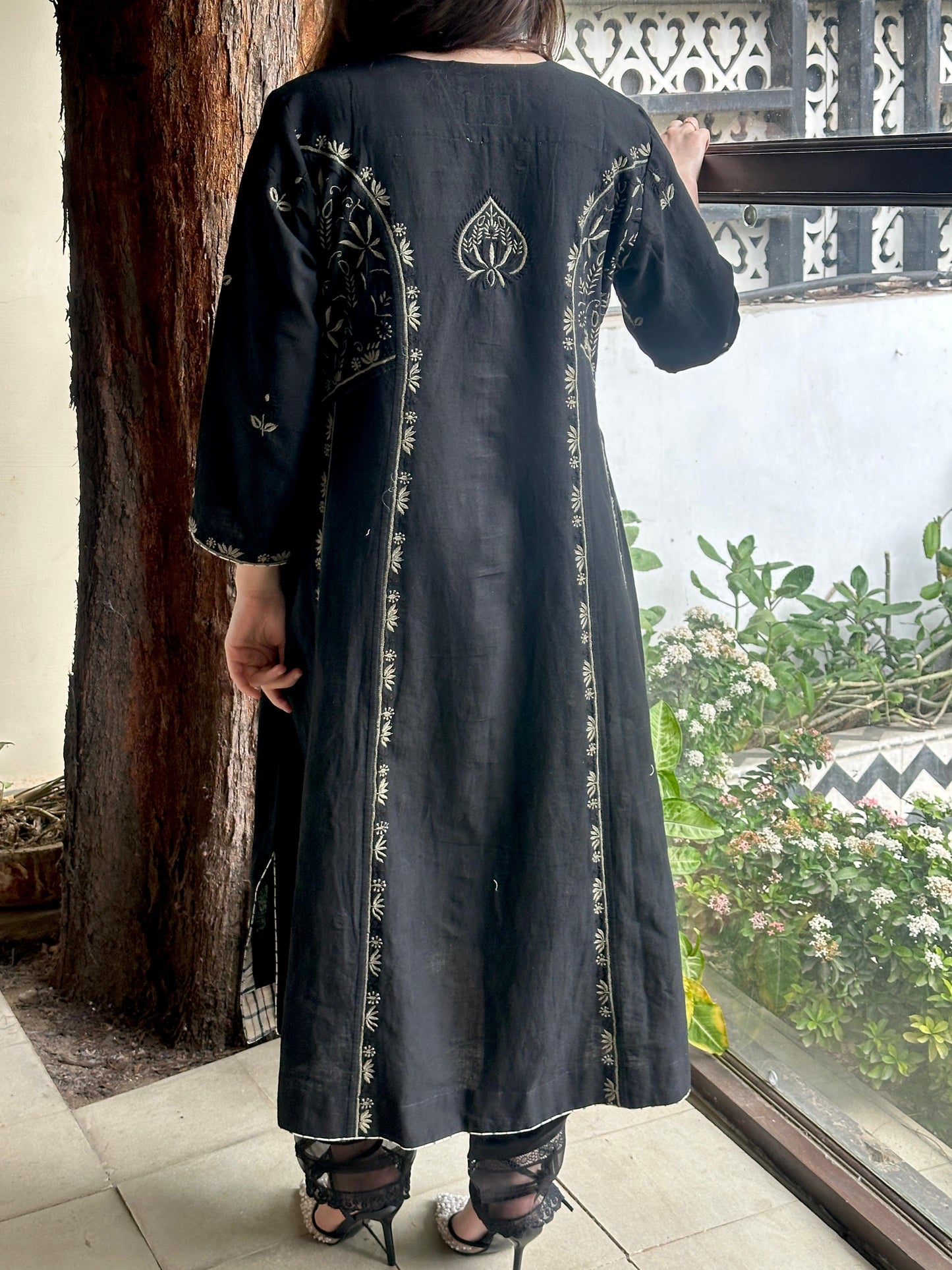 Black Handspun Malkha Chikankari Panel Tunic