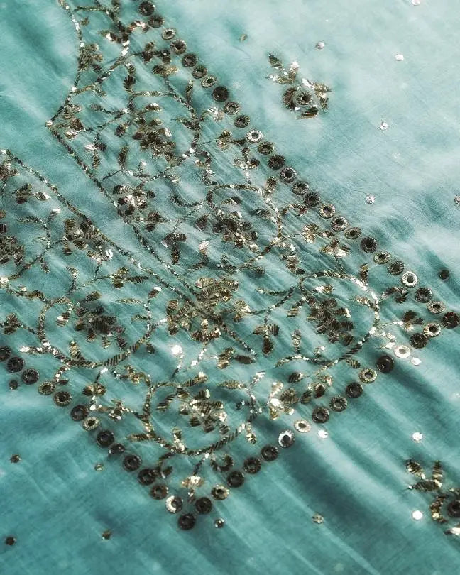 Sea Green Chanderi Silk Mukaish Badla Unstitched Fabrics