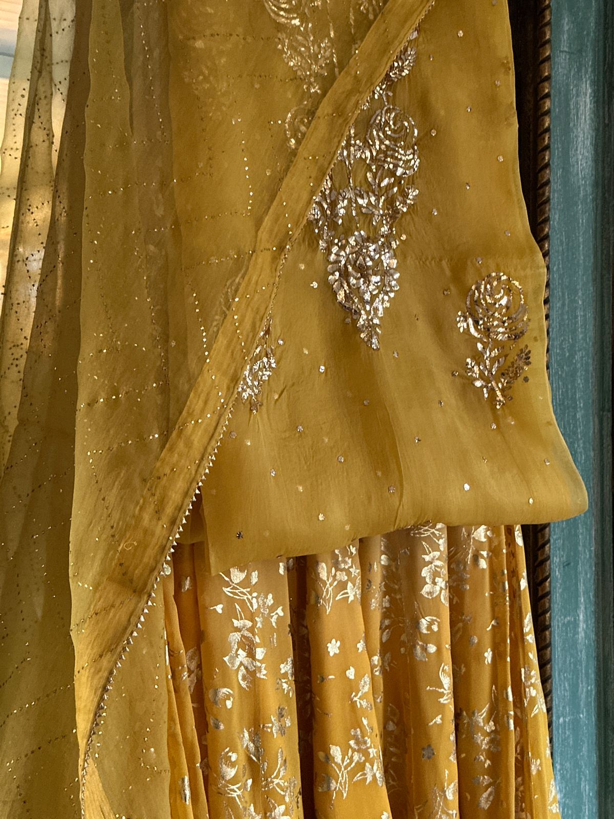 Mustard Yellow Foil Print Organza Chikankari Sharara Set