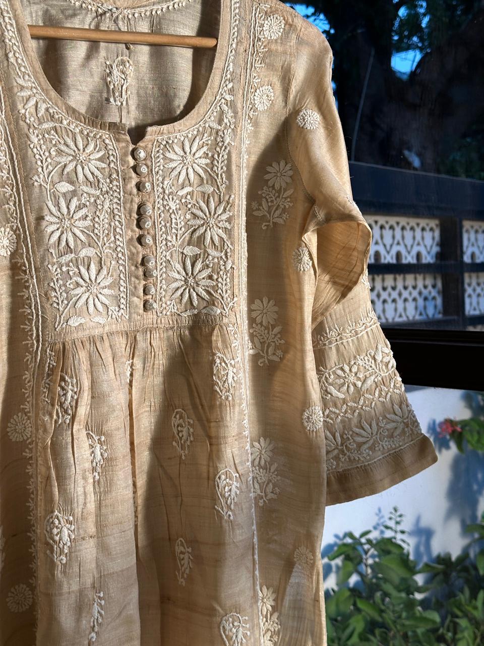 Natural Tussar Silk Chikankari Ready to Wear A Line Kurta