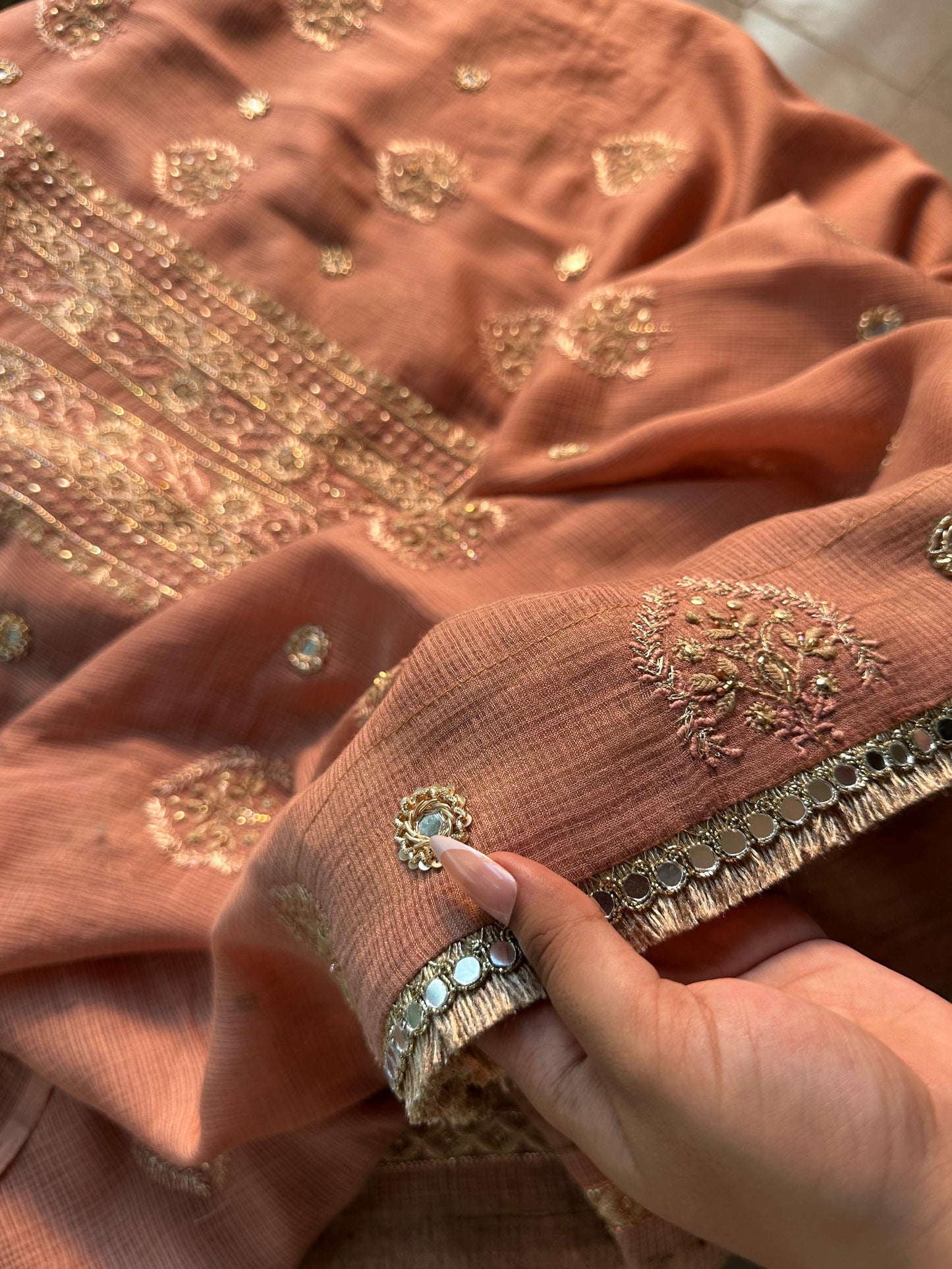 Old Rose Handloom Kota Chikankari With Mirror Work Unstitched Kurta Dupatta Set