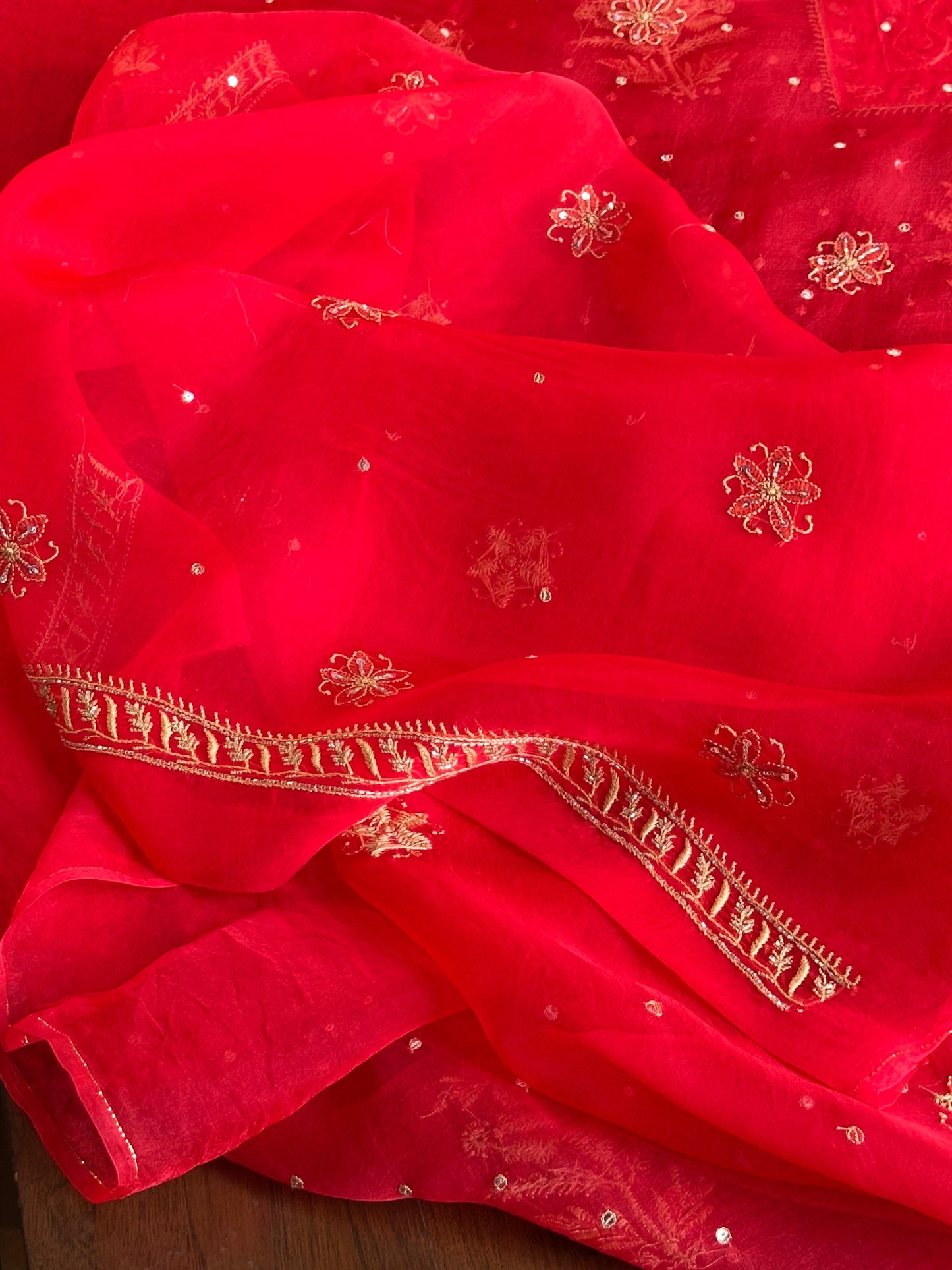 Red Noor Organza Silk Chikankari Unstitched Kurta Dupatta Set