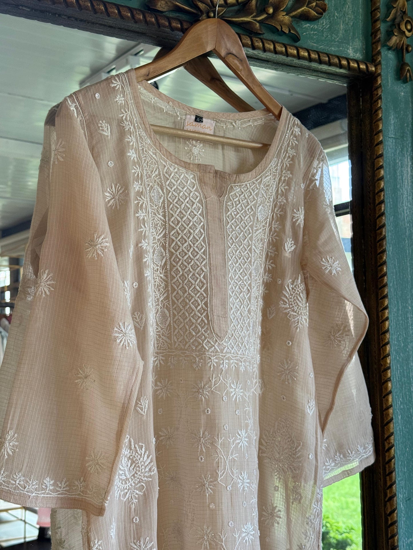 Beige Sequinned Chikankari Kota Kurta