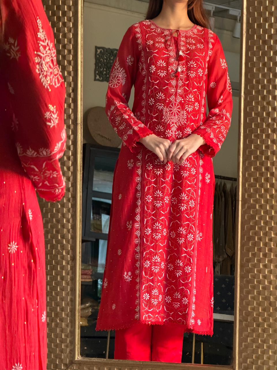 Red Mul Chanderi Mukaish Kamdani Chikankari Stitched Kurta Dupatta Set