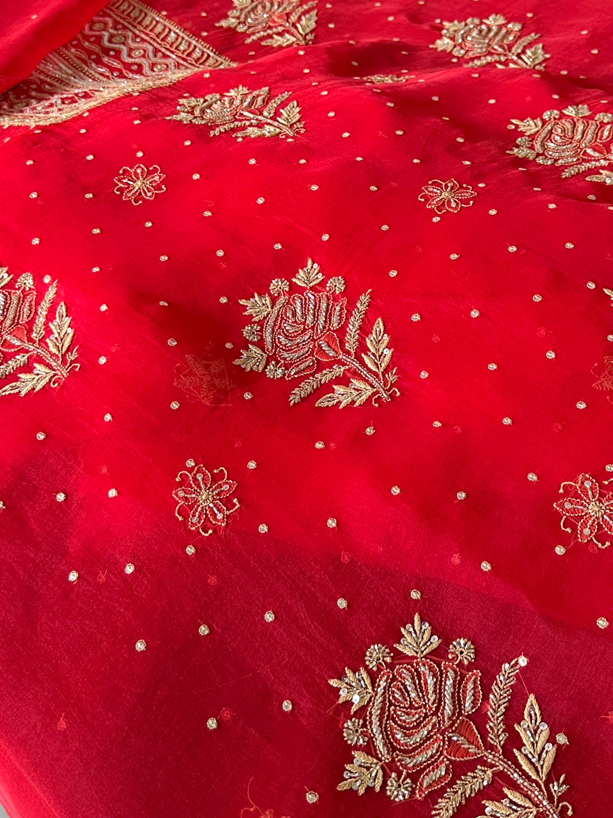 Red Noor Organza Silk Chikankari Unstitched Kurta Dupatta Set