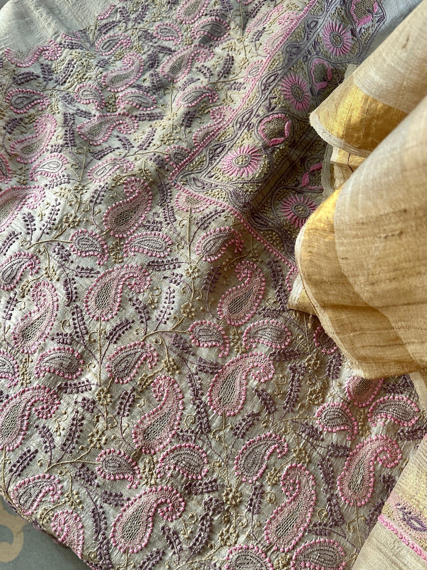 Natural Shade Tussar Silk Chikankari Fabric