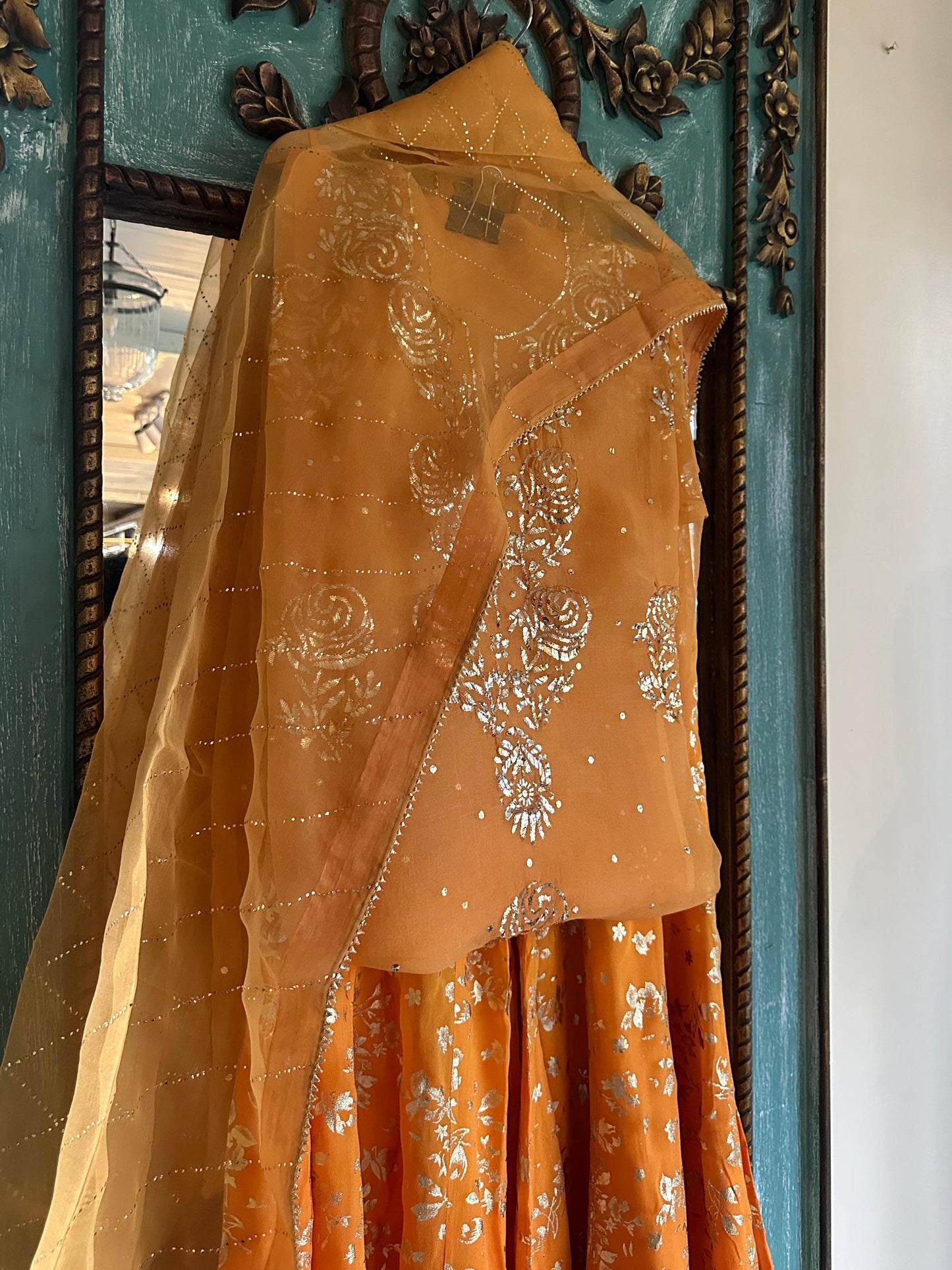 Saffron Shade Foil Print Organza Chikankari Sharara Set