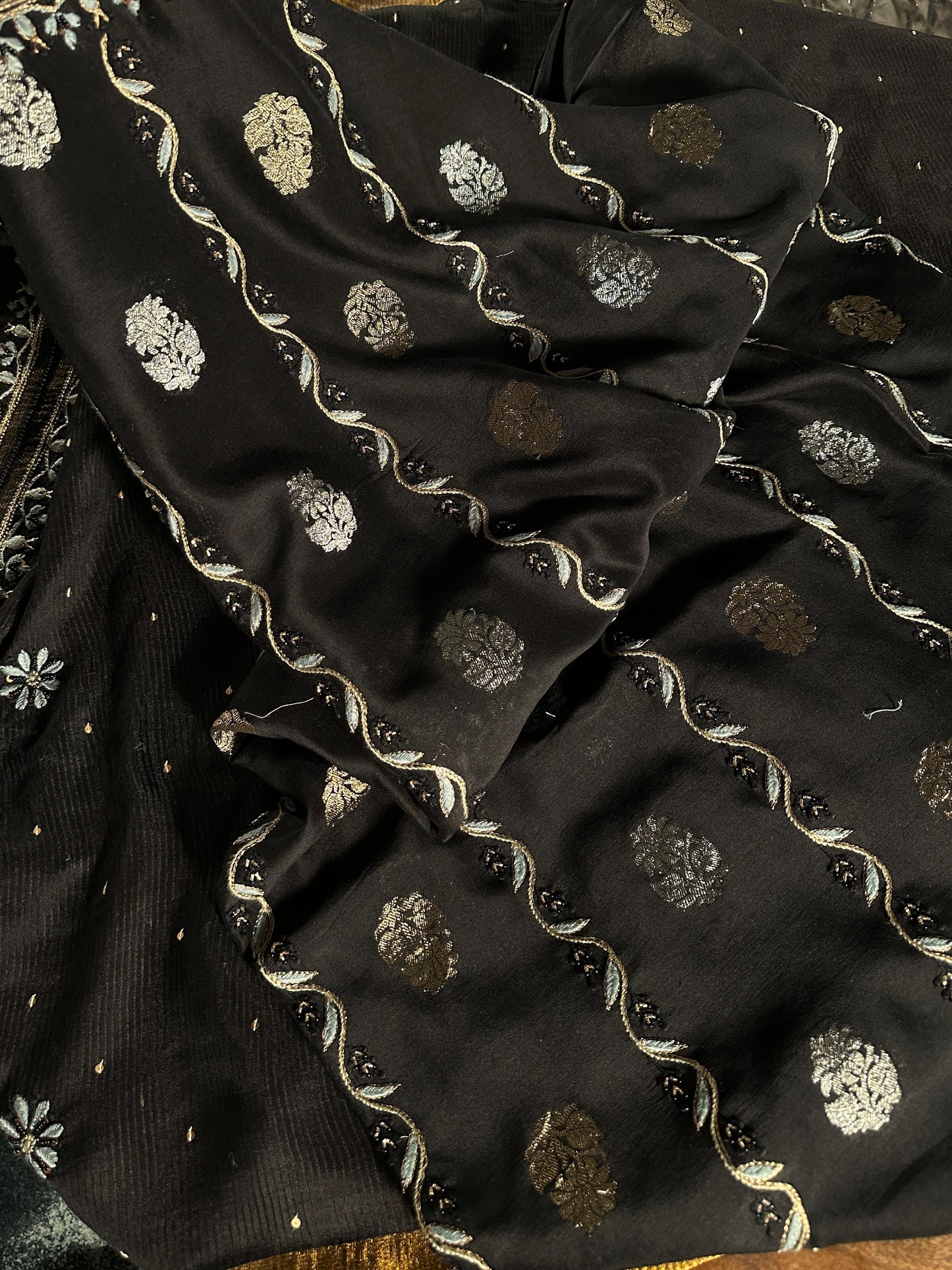 Black & Grey Banarasi Zari Chanderi Unstitched Chikankari Fabric