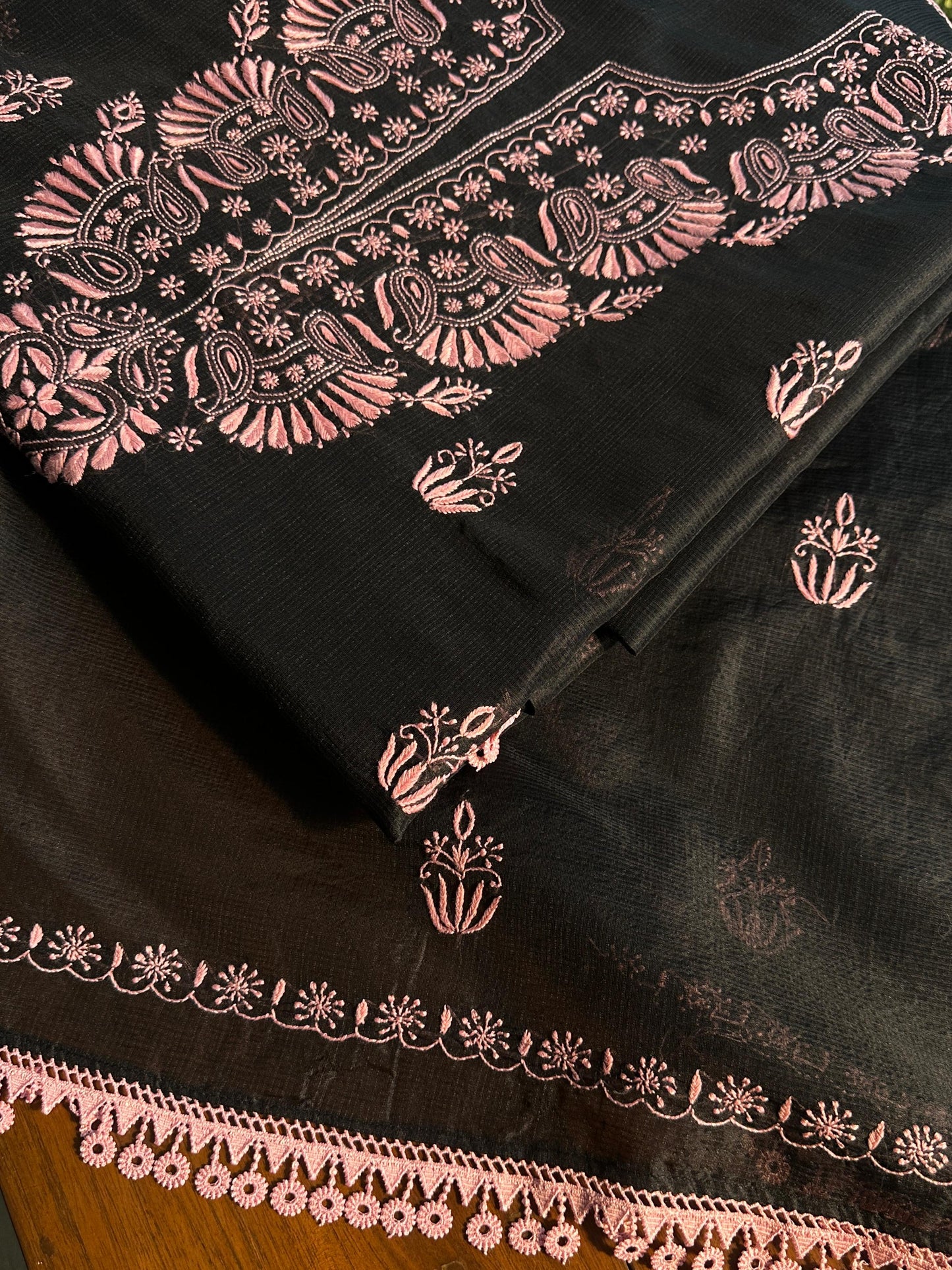 Black & Pink Kota Chikankari Unstitched Fabric
