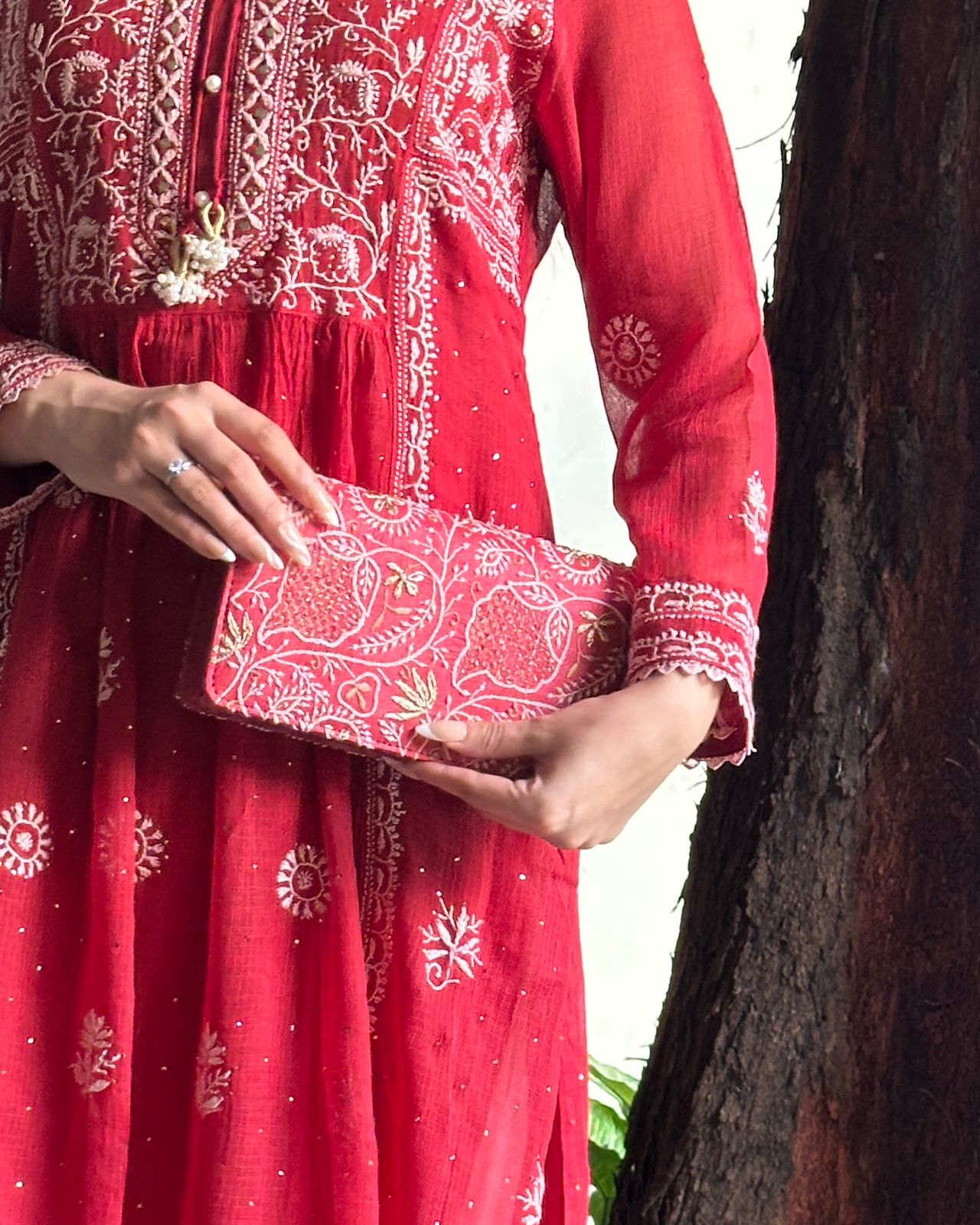 Red Shade Chikankari Sling Clutch Bag