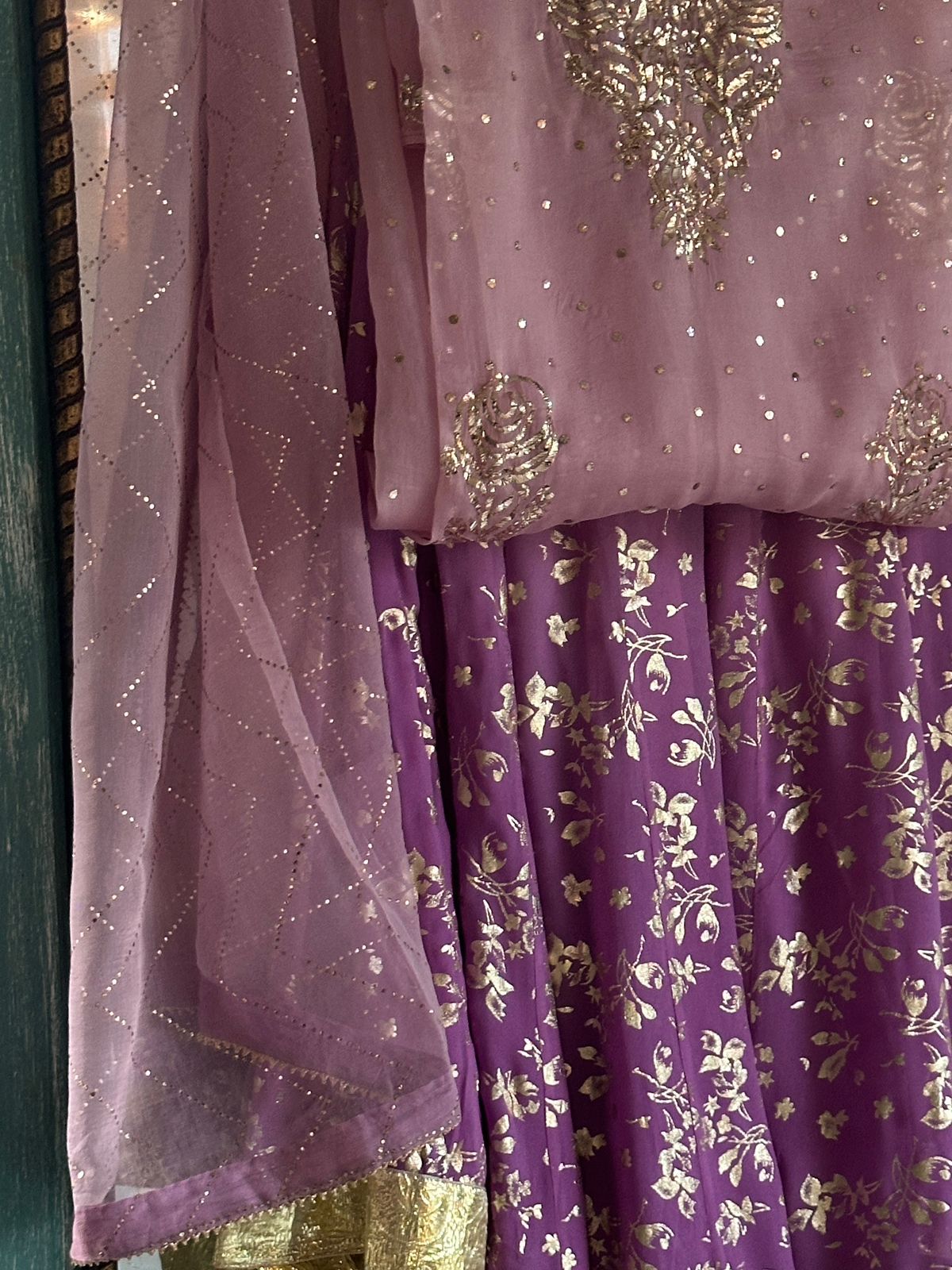Lilac Purple Shade Foil Print Organza Chikankari Sharara Set