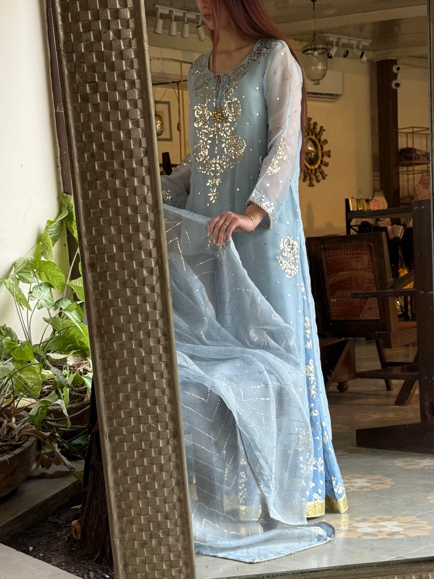 Powder Blue Foil Print Organza Chikankari Ready to Wear Sharara Set