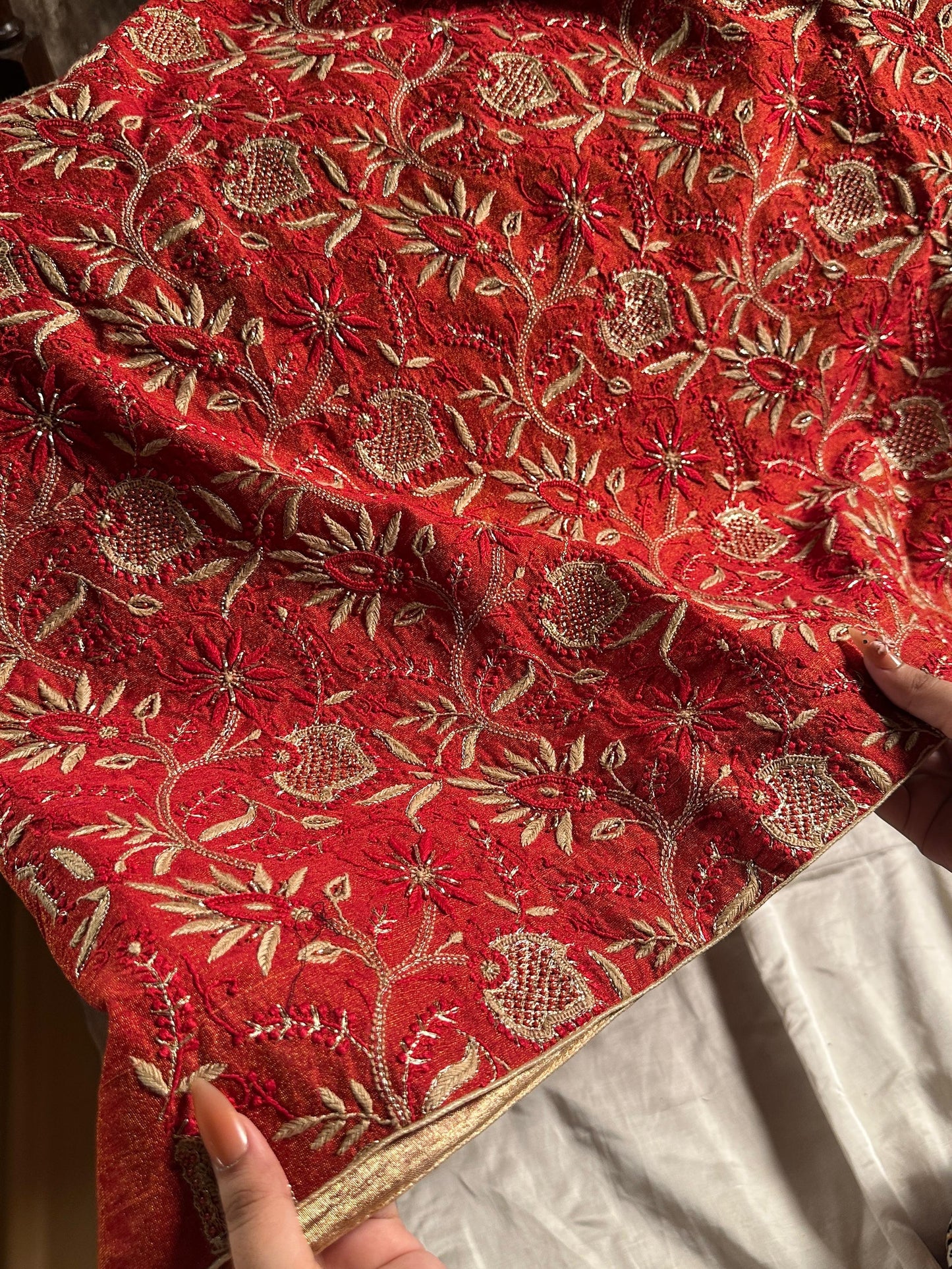 Red Tissue Silk Chikankari Unstitched Fabric