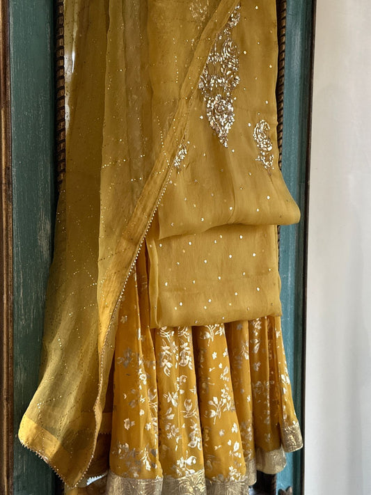 Mustard Yellow Foil Print Organza Chikankari Sharara Set