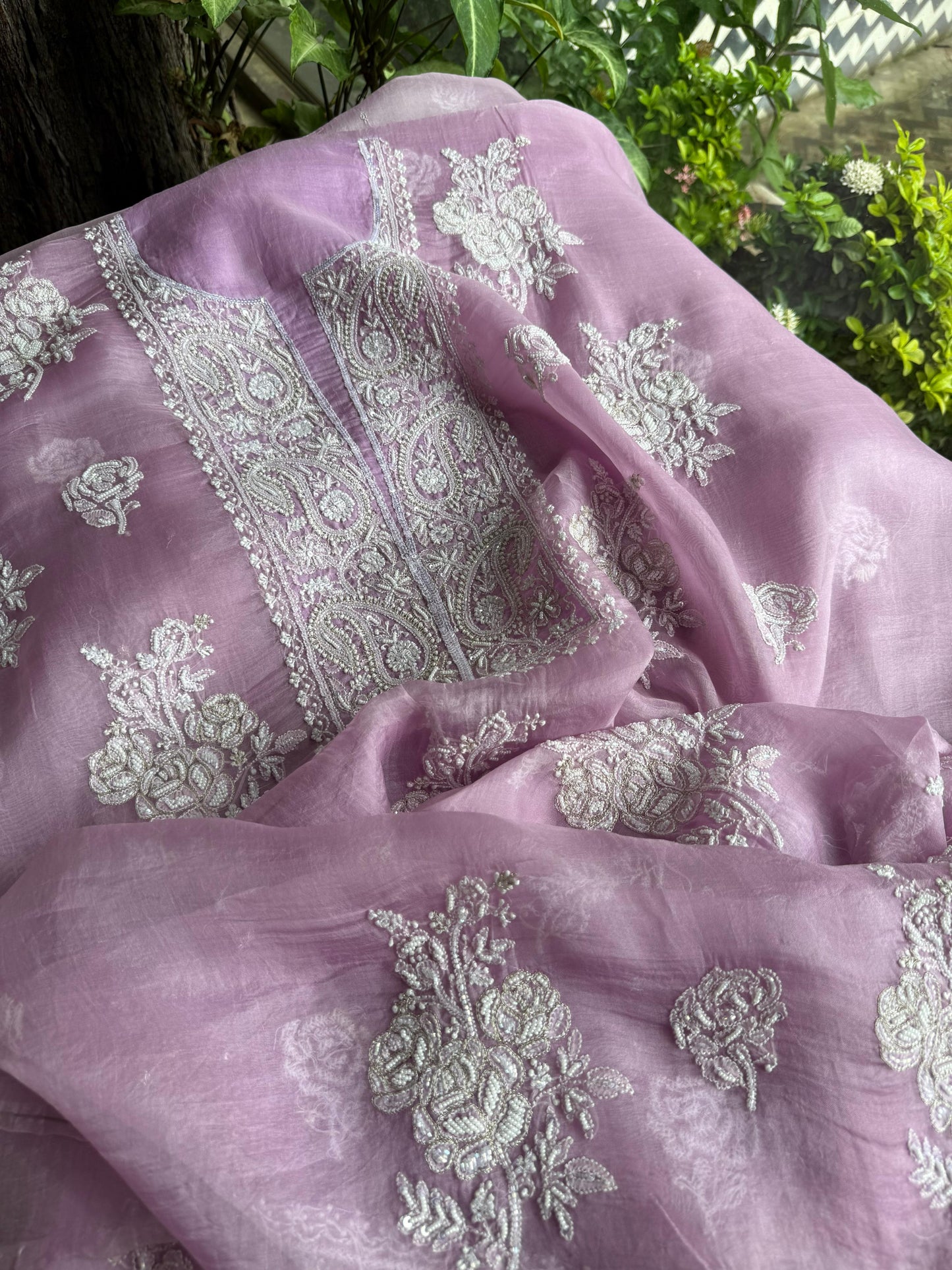 Lavender Pink Noor Organza Silk Chikankari Unstitched Kurta Dupatta Set