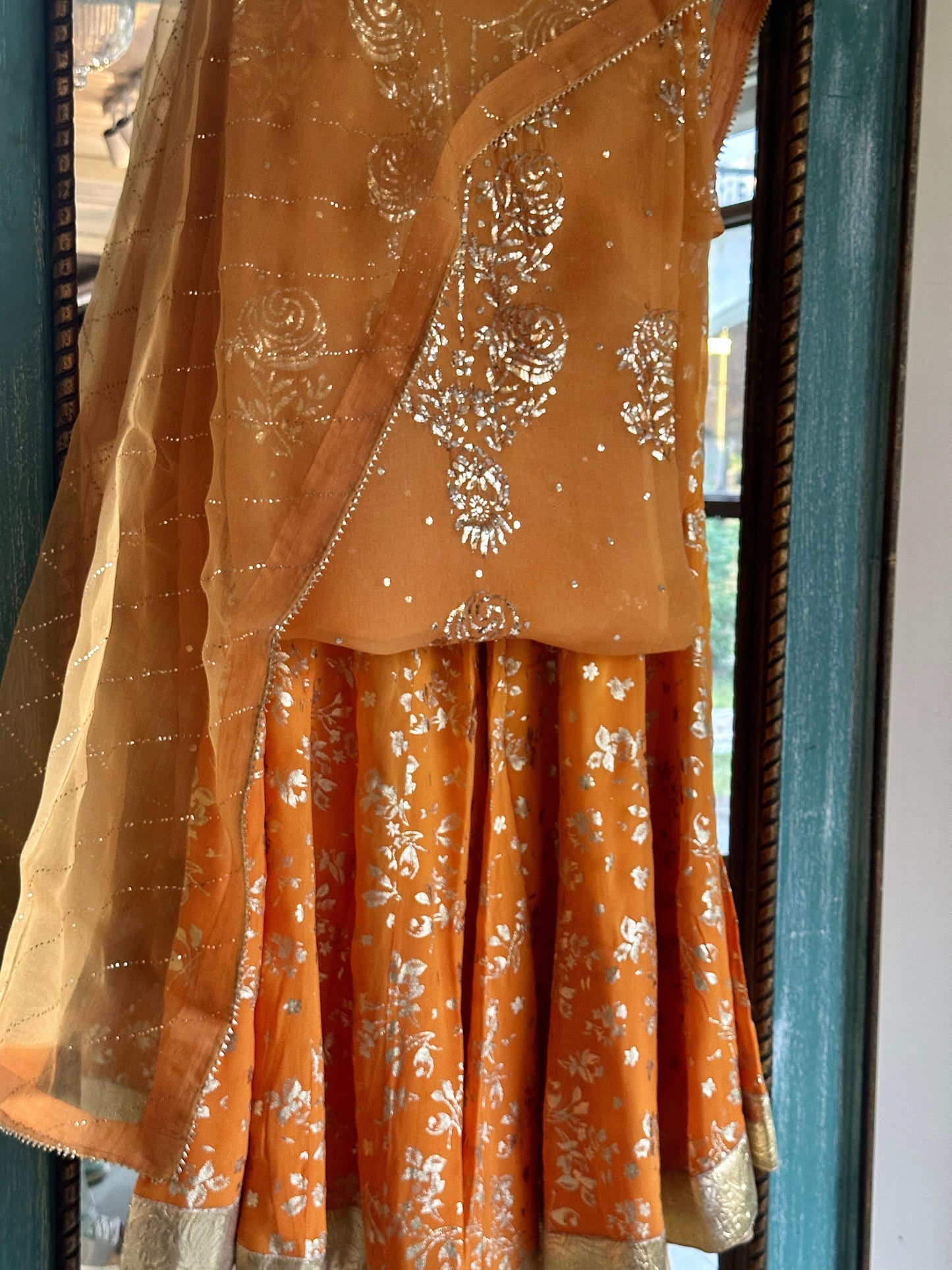 Saffron Shade Foil Print Organza Chikankari Sharara Set