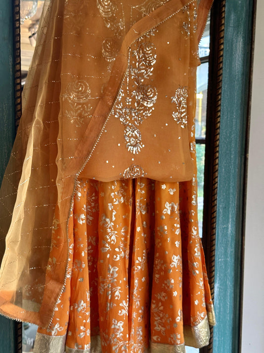 Saffron Shade Foil Print Organza Chikankari Sharara Set