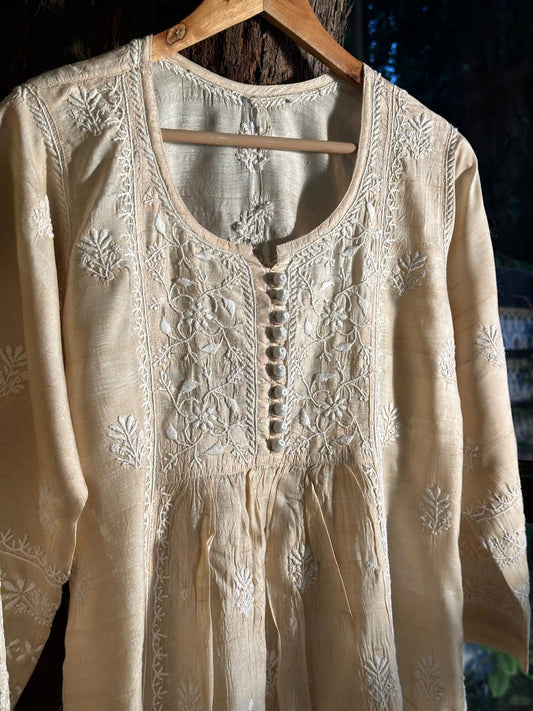 Natural Tussar Silk Chikankari Ready to Wear A Line Kurta