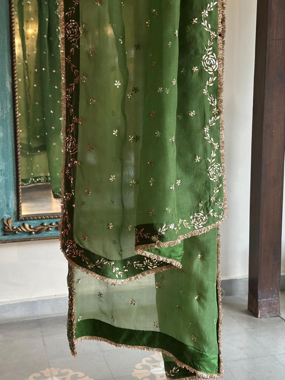 Green Moonga Silk Mukaish Badla Lehenga Set
